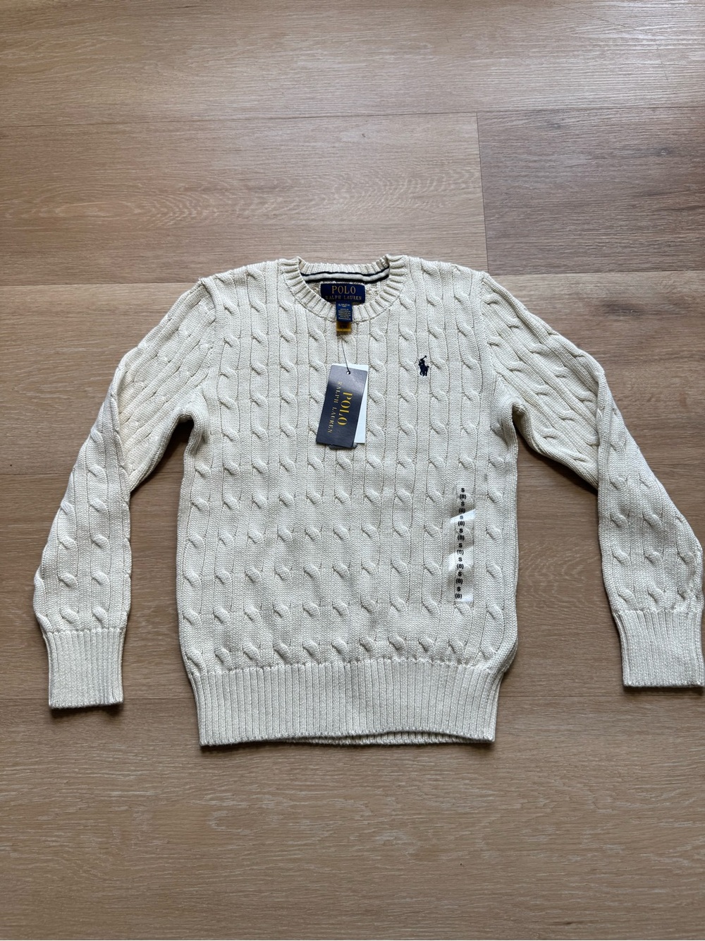 Polo by Ralph Lauren Cream Cable Knit Crewneck Sweater with Navy Pony